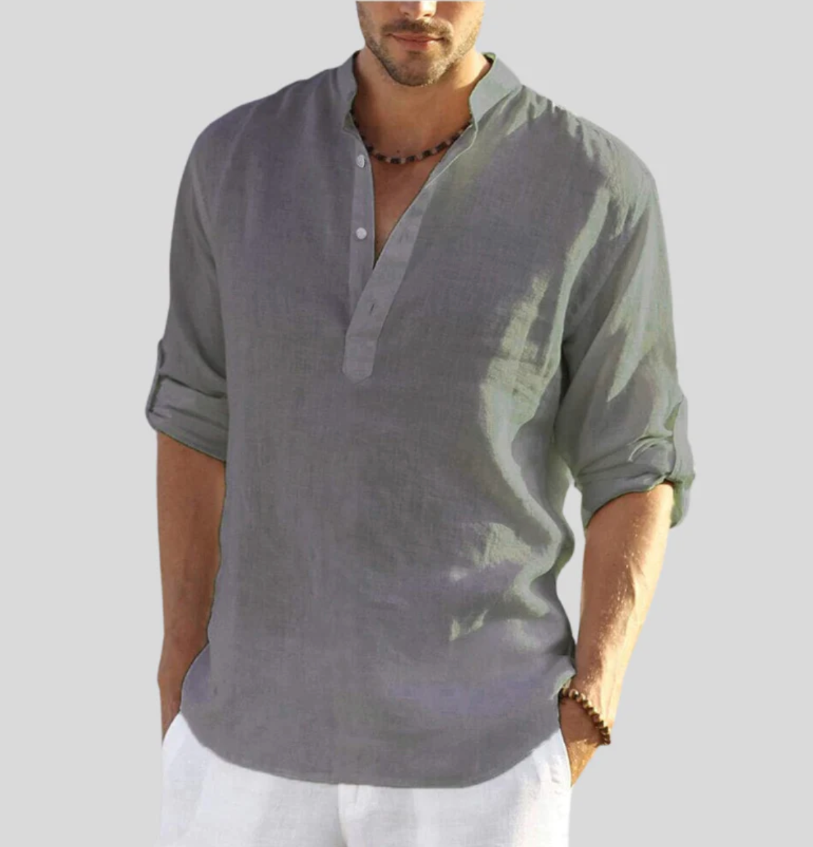Camicia in Lino da Uomo – Camicia Estiva Traspirante con Mezza Abbottonatura e Maniche Risvoltabili