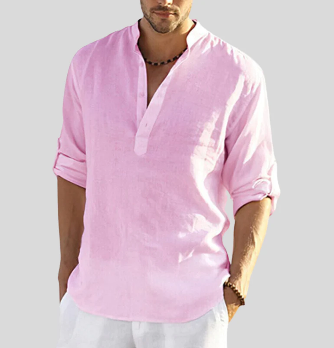 Camicia in Lino da Uomo – Camicia Estiva Traspirante con Mezza Abbottonatura e Maniche Risvoltabili