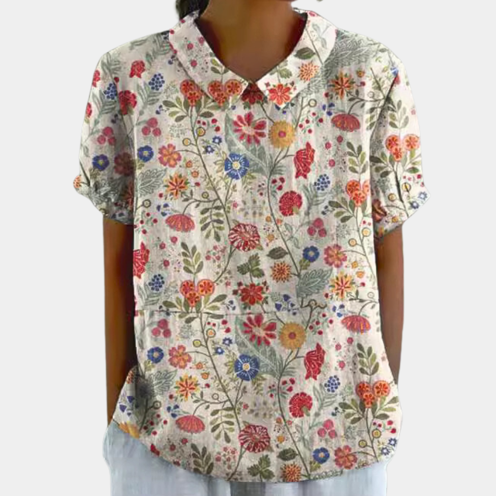 Bruna Camicia Donna – Top Casual a Maniche Corte con Stampa Floreale Pastorale & Collo Rotondo