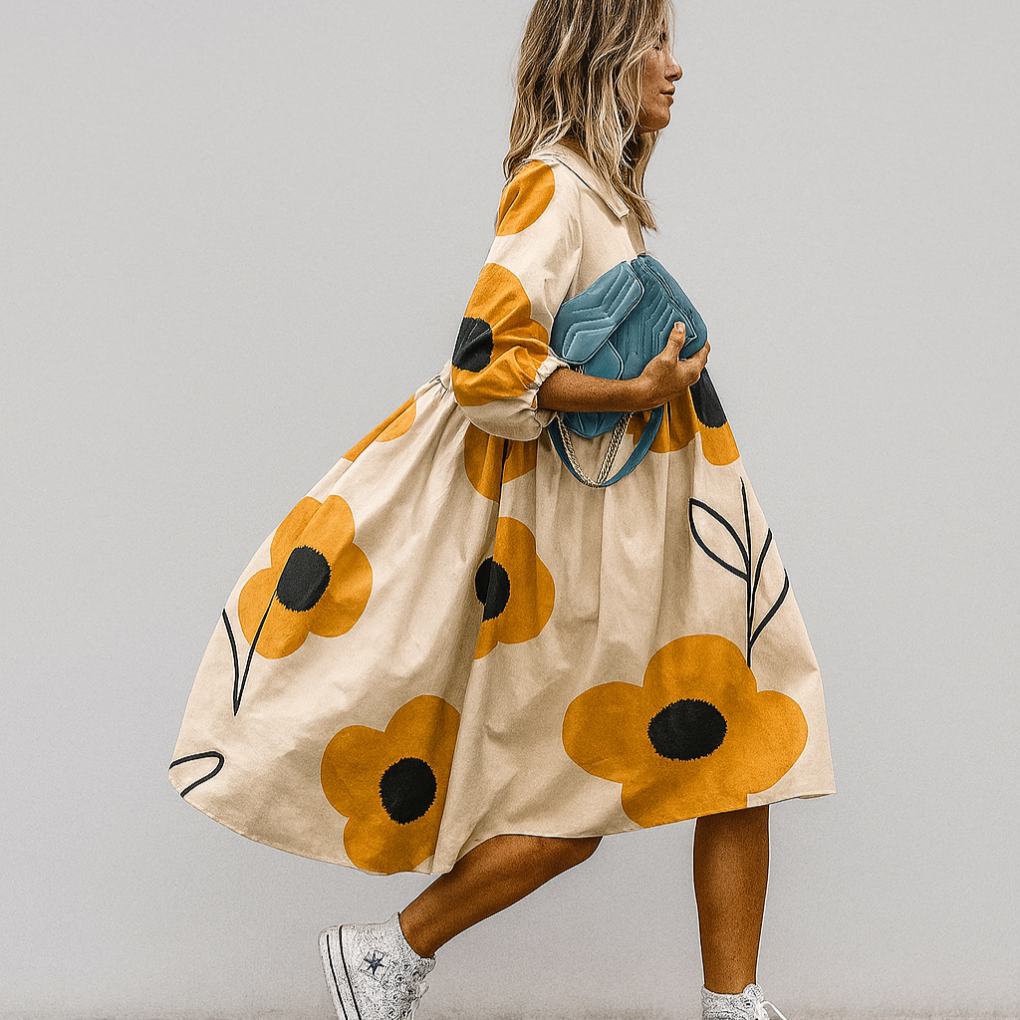 Abito Midi a Camicia Oversize con Stampa Floreale