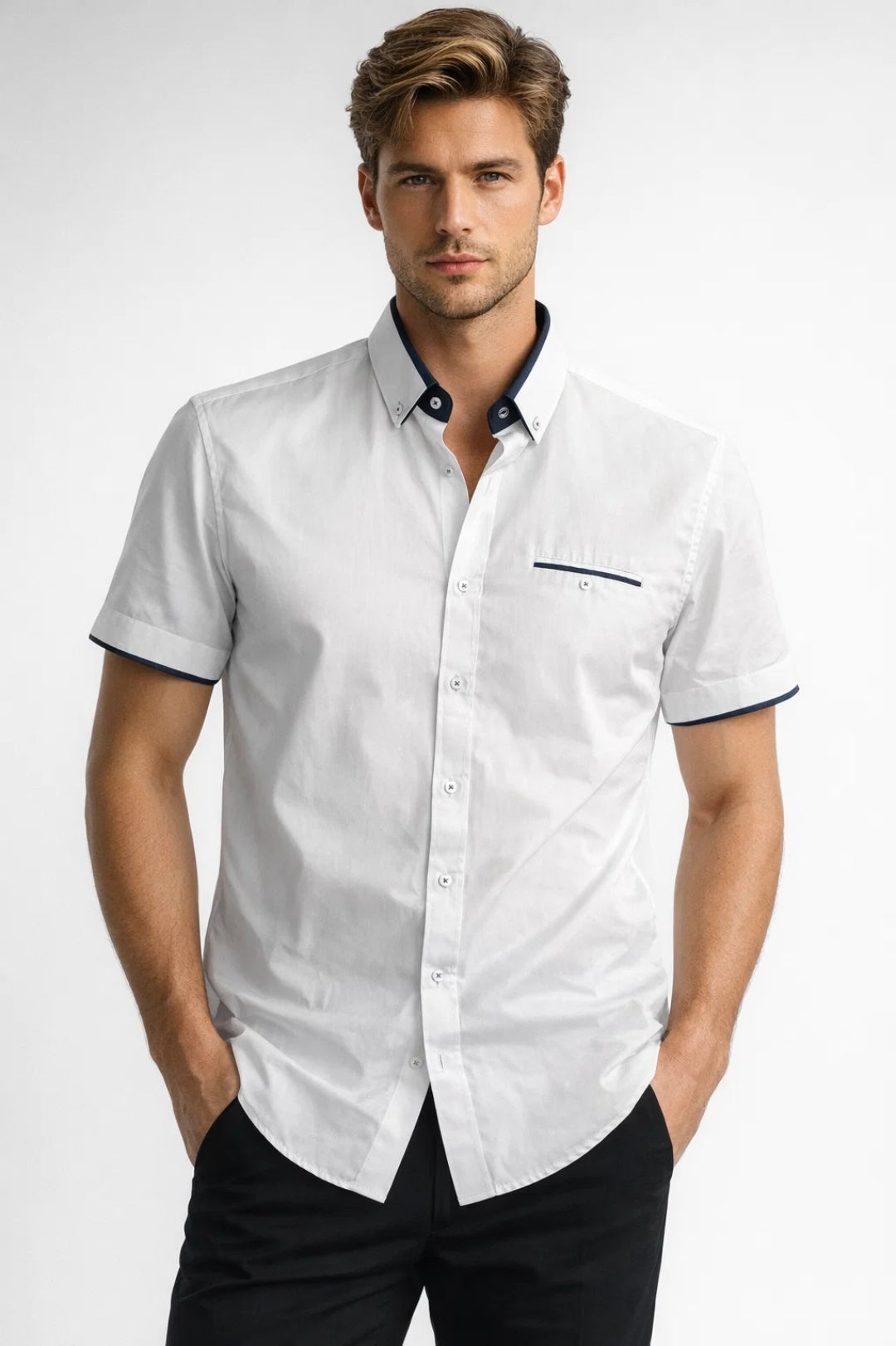 Camicia Uomo - Maniche Corte Collo con Bottoni Profilo a Contrasto | Estate