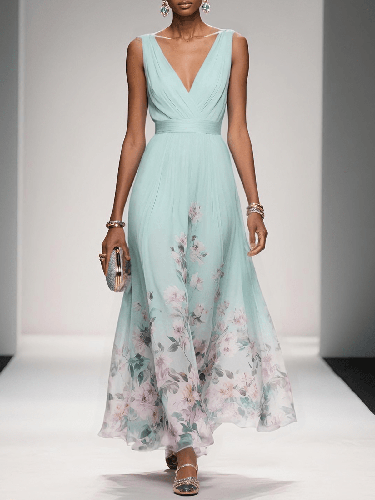 Women’s Wedding Guest Floral Maxi Dress With V-Neck