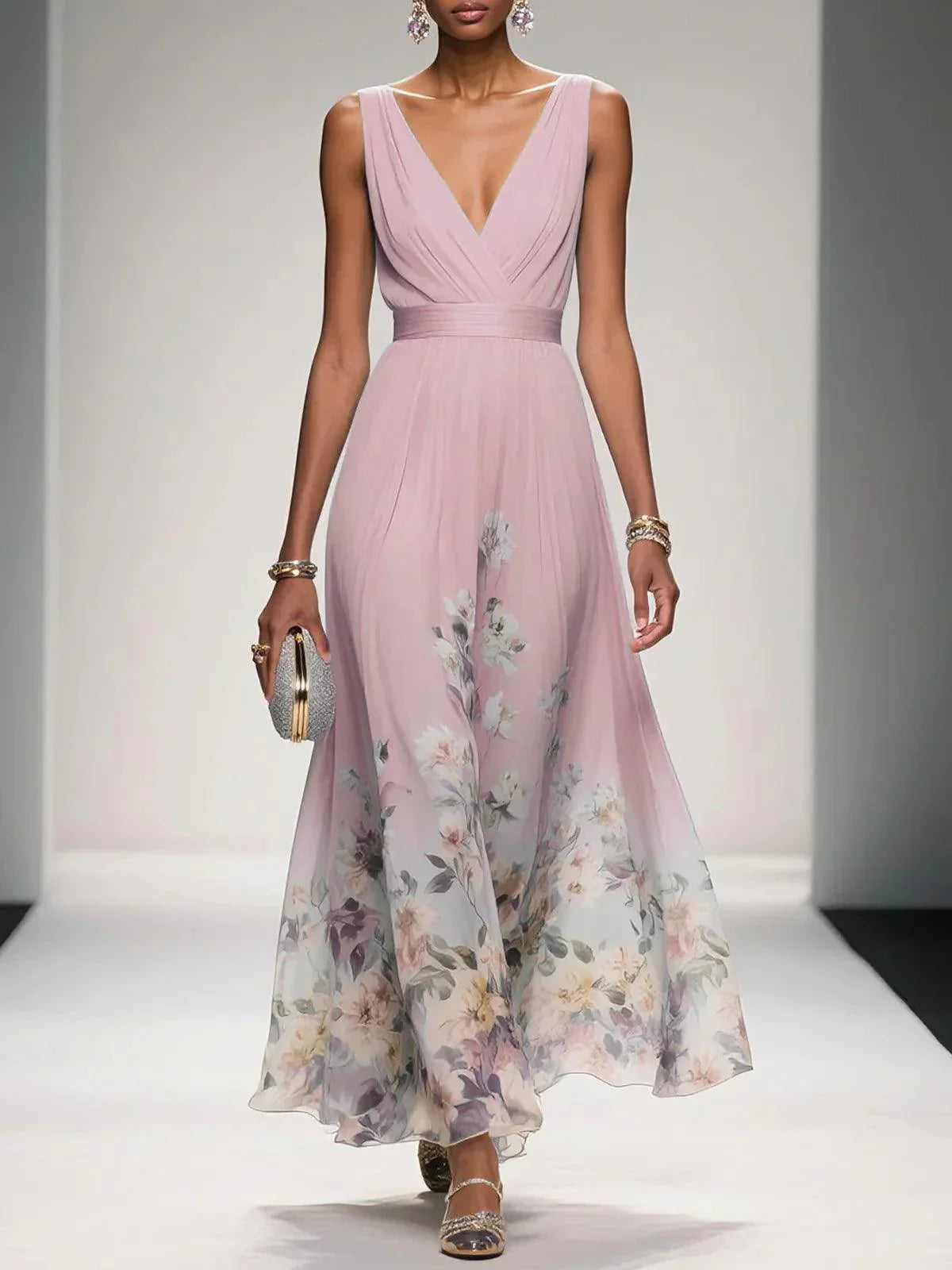 Women’s Wedding Guest Floral Maxi Dress With V-Neck