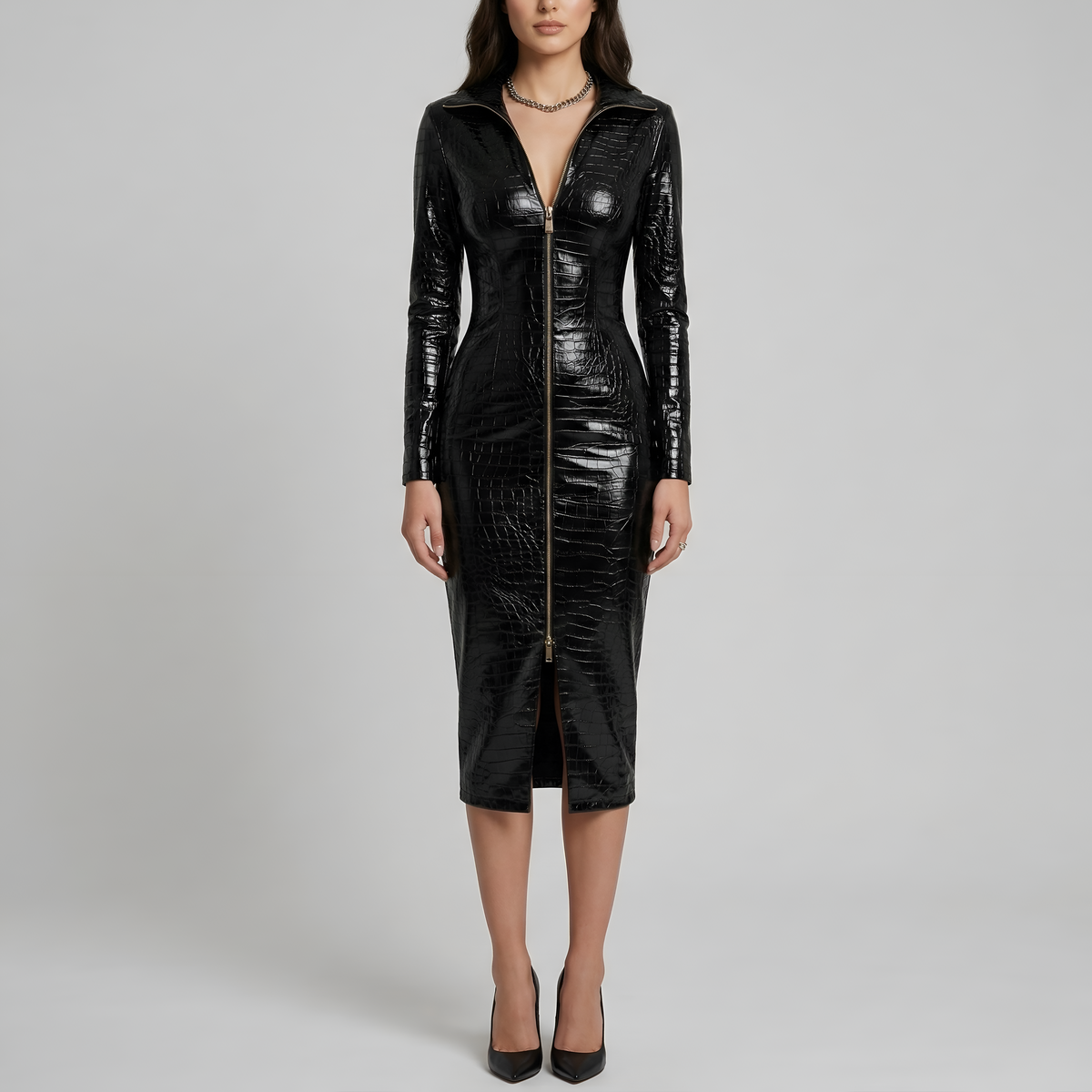 Vestito Donna Aderente Effetto Pelle con Zip Frontale e Maniche Lunghe Abito Midi