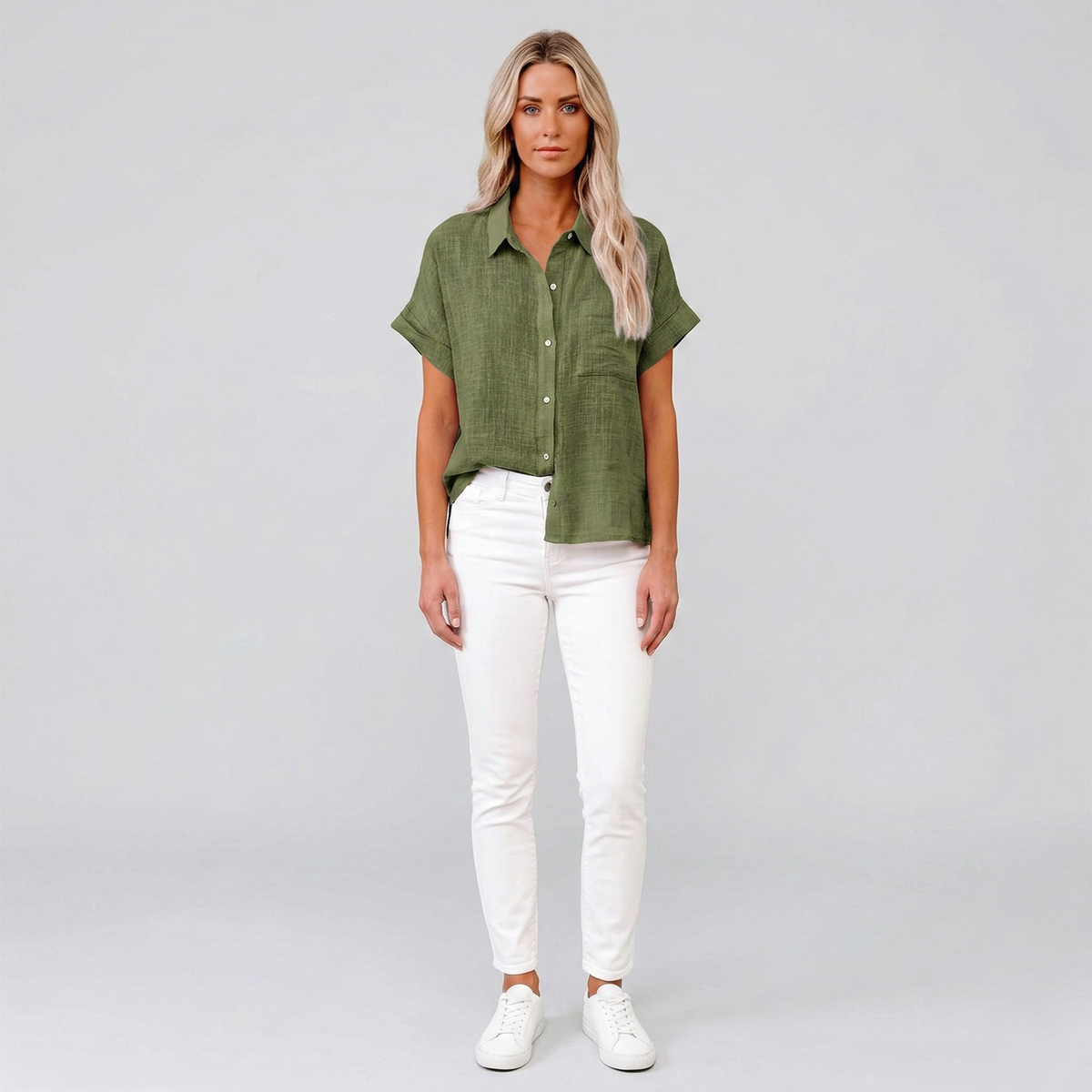 Camicia Donna Lino Manica Corta Camicetta Estiva con Bottoni