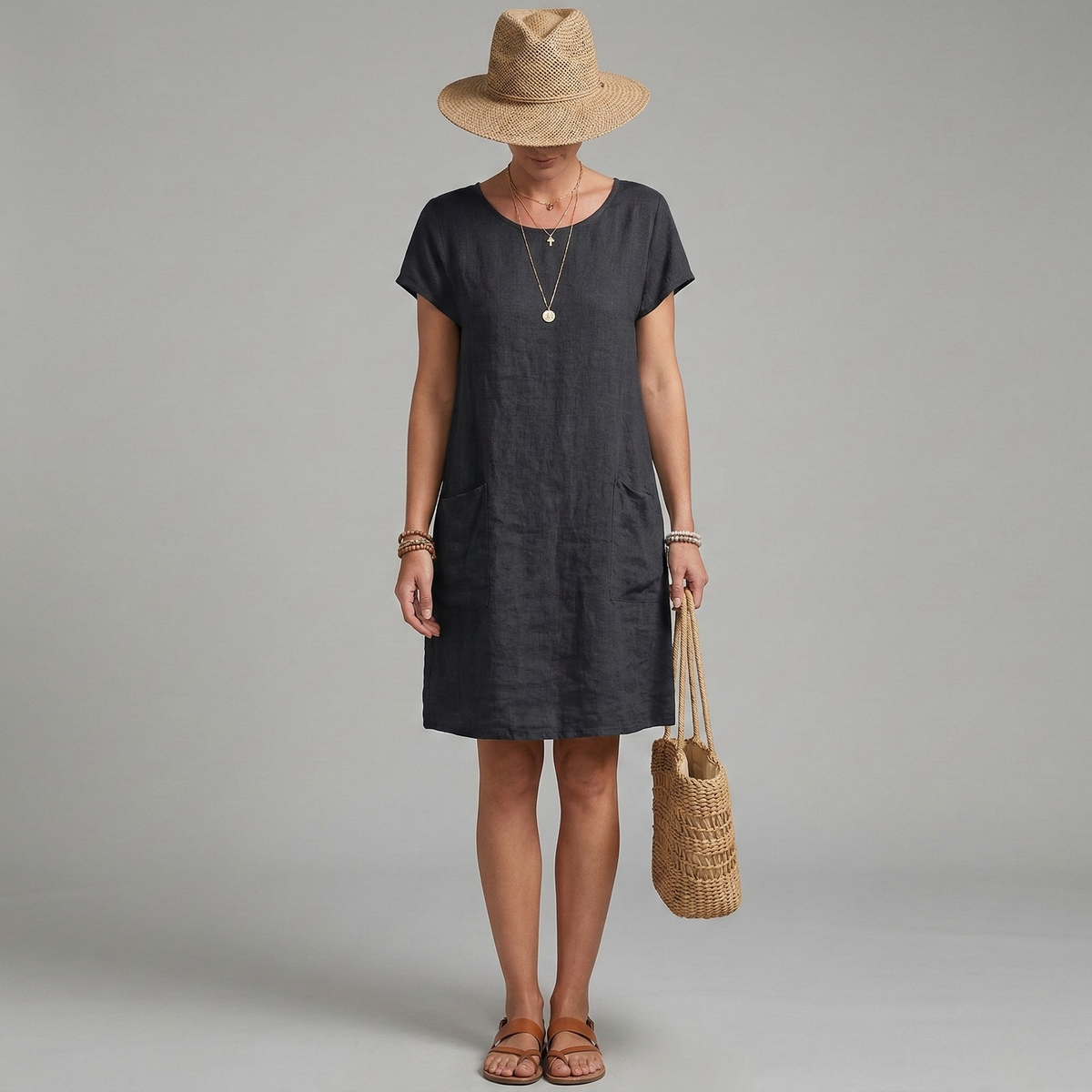 Vestito donna corto in lino maniche corte con tasche abito casual estivo donna