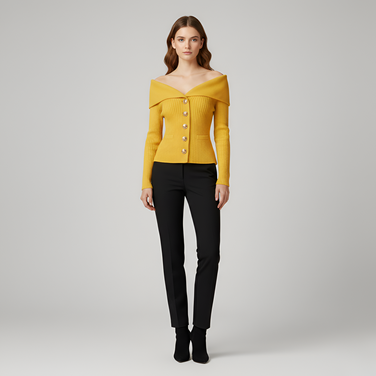Giacca cardigan donna a coste con bottoni scollo a V fit aderente
