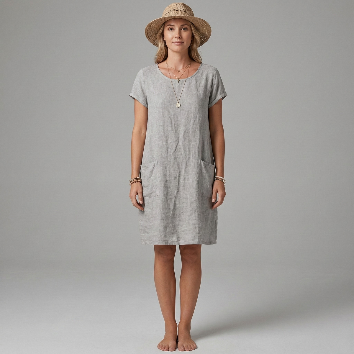Vestito donna corto in lino maniche corte con tasche abito casual estivo donna