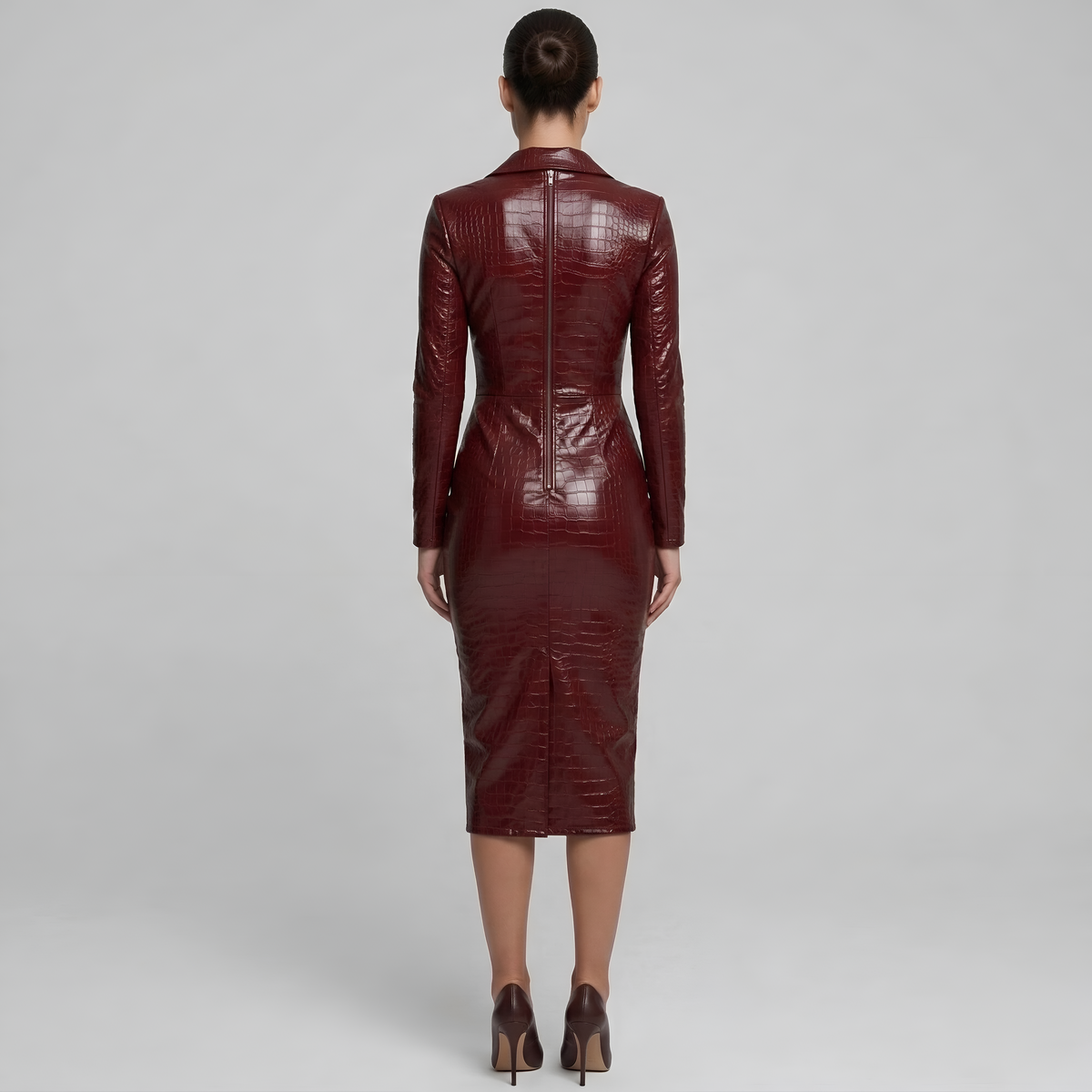 Vestito Donna Aderente Effetto Pelle con Zip Frontale e Maniche Lunghe Abito Midi