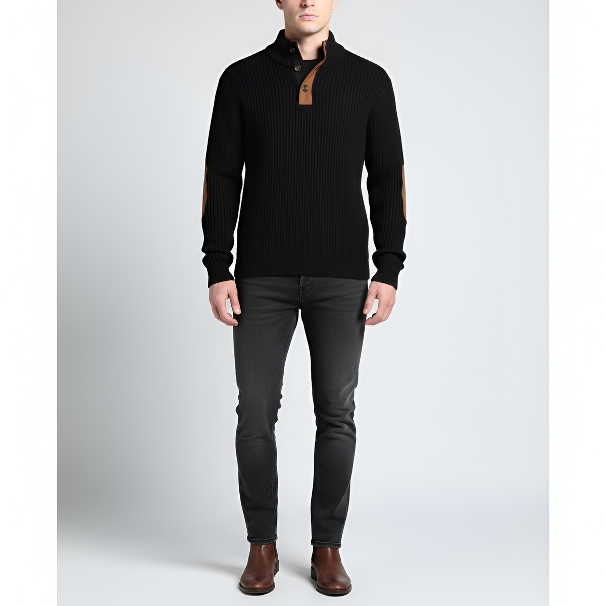 Valerios Fashion maglione dolcevita uomo a coste con toppe ai gomiti