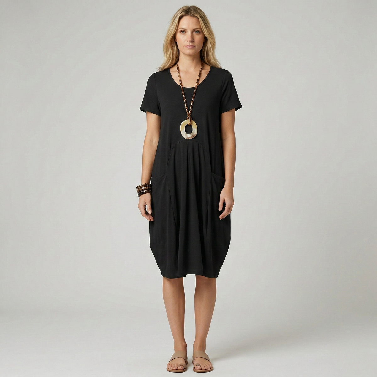 Vestito donna midi manica corta con tasche e scollo a V casual