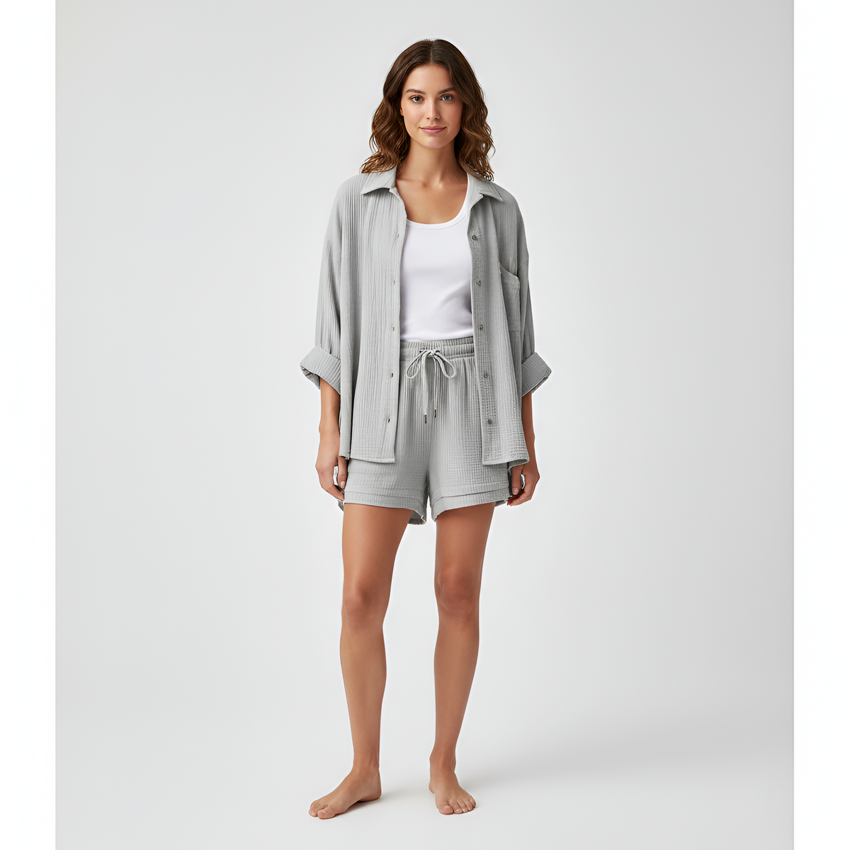 Completo donna camicia e shorts in cotone leggero con vita elasticizzata