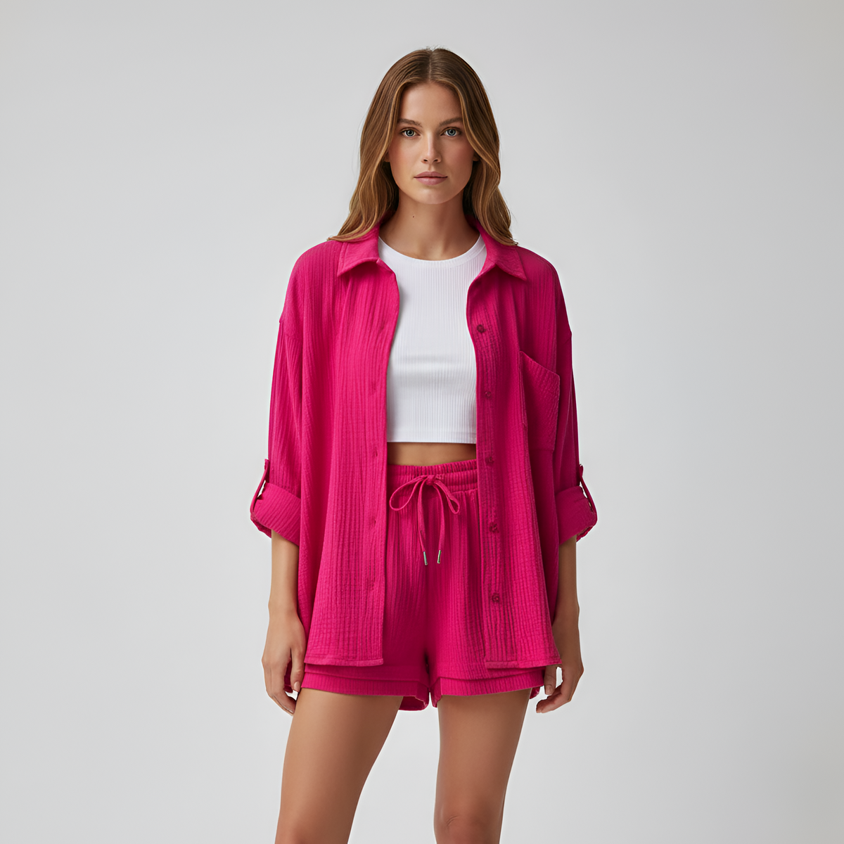 Completo donna camicia e shorts in cotone leggero con vita elasticizzata