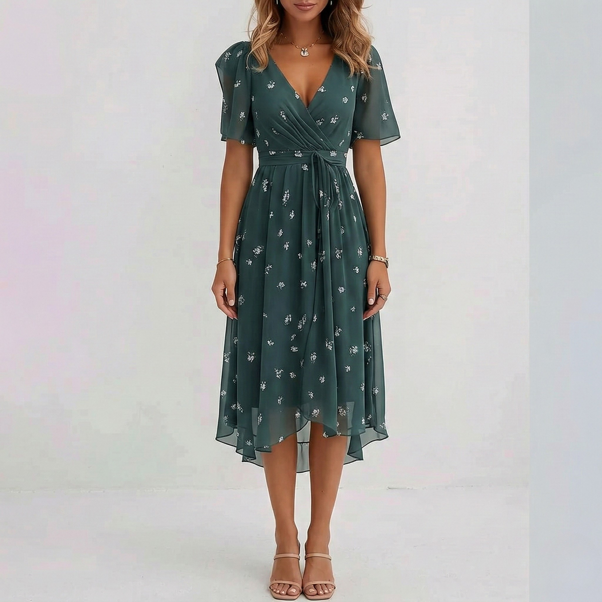 Vestito donna midi floreale scollo a V manica corta abito estivo elegante
