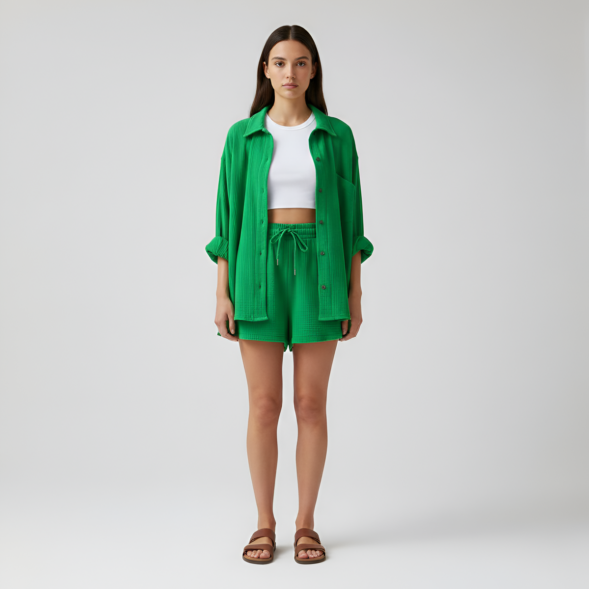 Completo donna camicia e shorts in cotone leggero con vita elasticizzata
