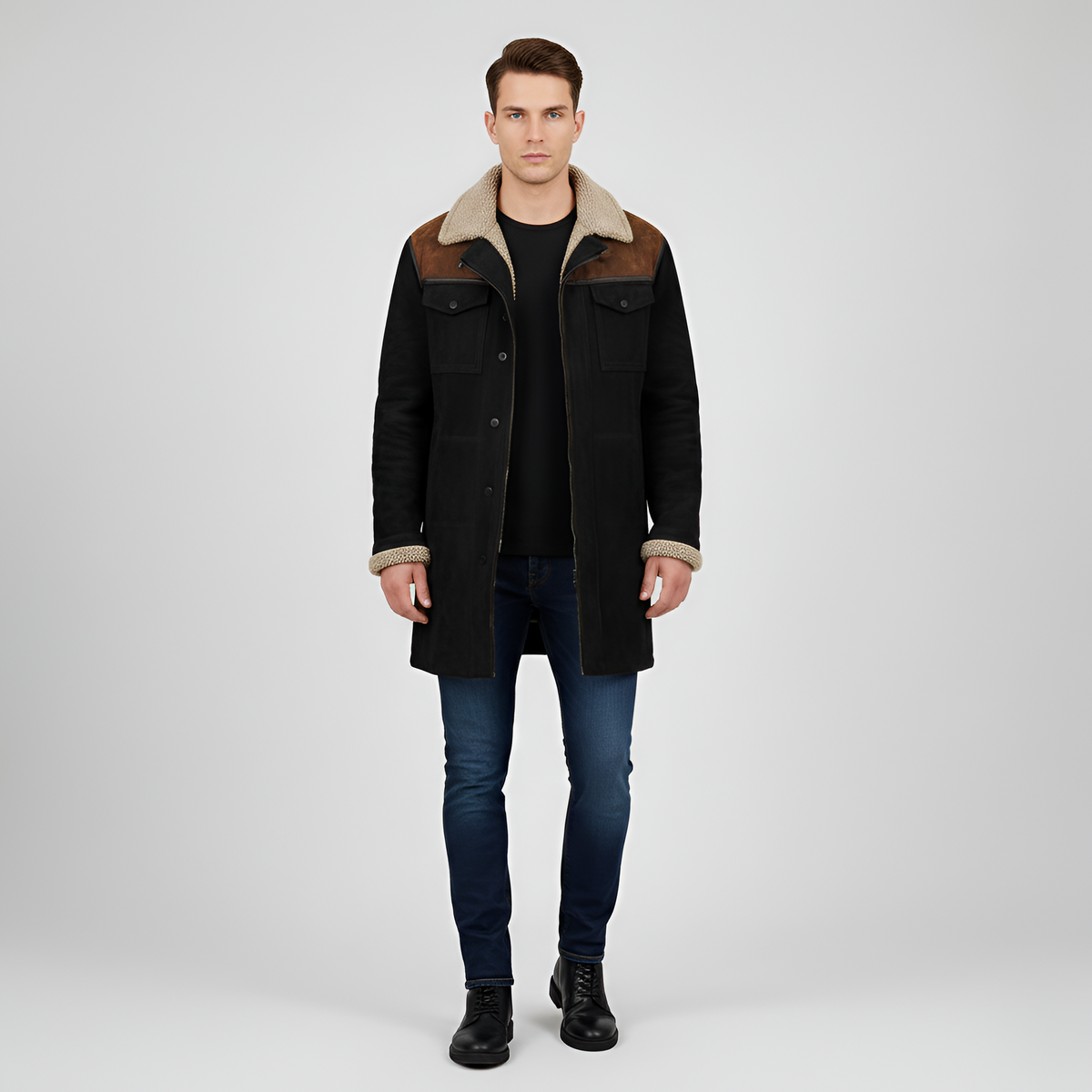 Valerios Fashion giacca uomo foderata in pile con colletto shearling e bottoni