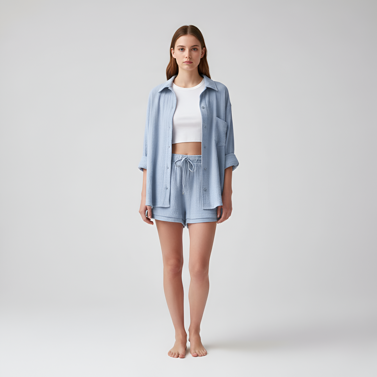Completo donna camicia e shorts in cotone leggero con vita elasticizzata