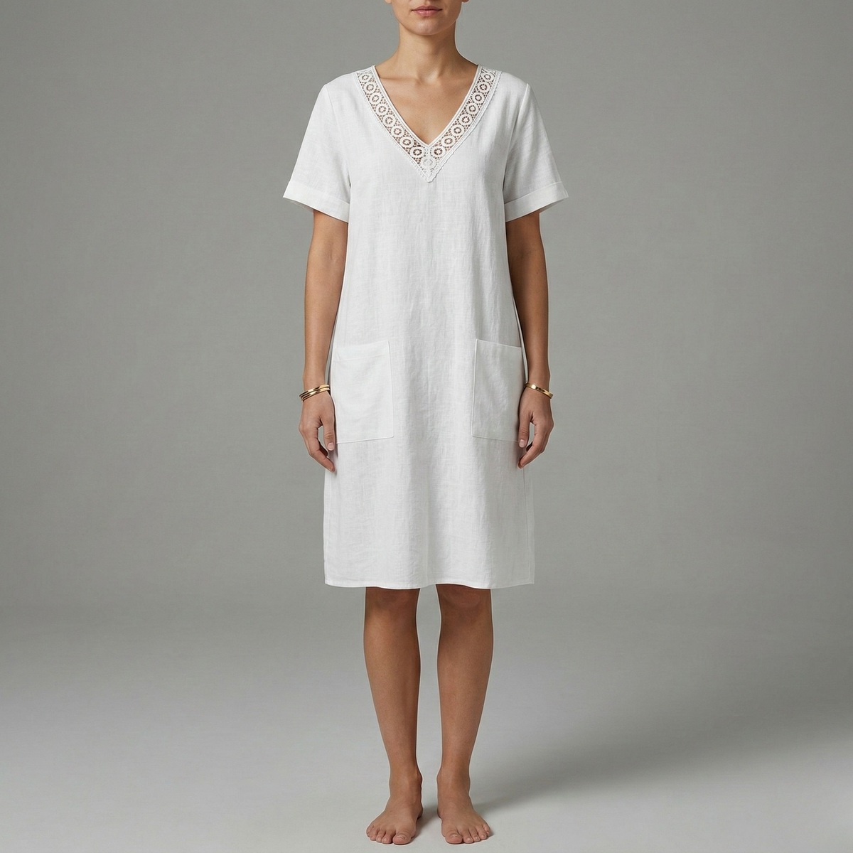 Vestito donna estivo in cotone con scollo a V e tasche manica corta