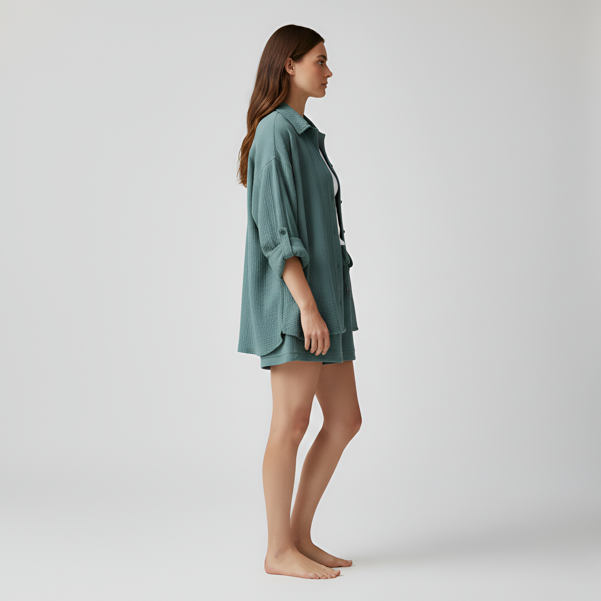 Completo donna camicia e shorts in cotone leggero con vita elasticizzata