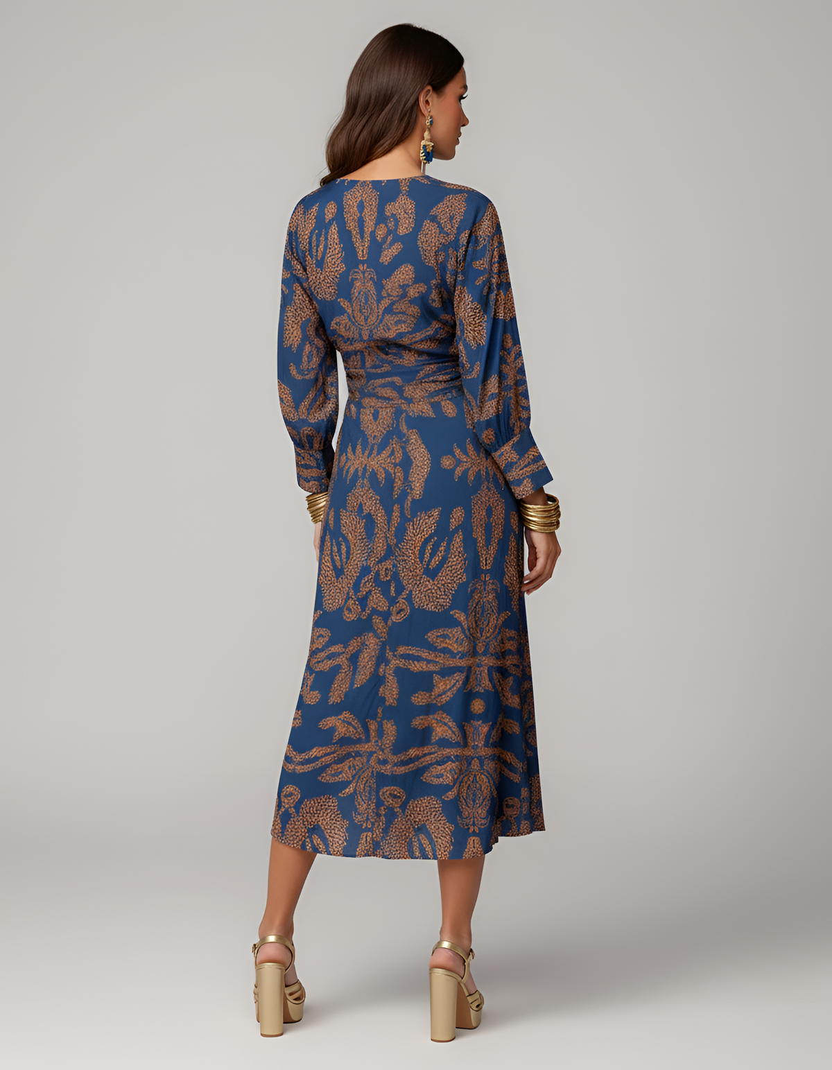 Abito midi donna con scollo a V, maniche lunghe e nodo frontale