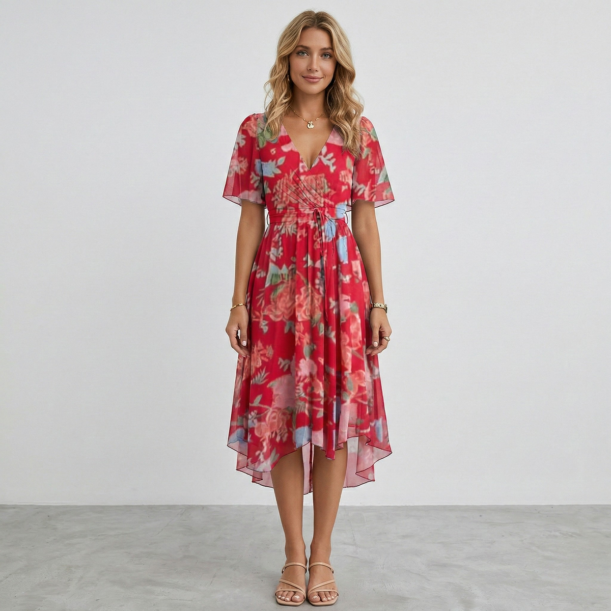 Vestito donna midi floreale scollo a V manica corta abito estivo elegante