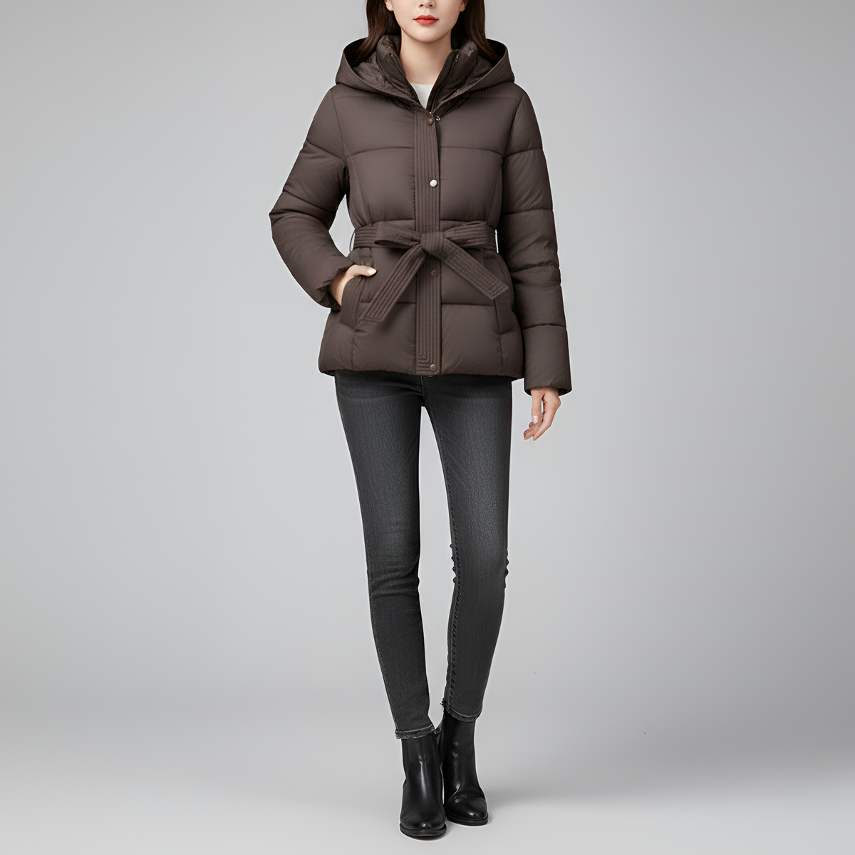 Valerios Fashion piumino donna con cappuccio e cintura imbottito invernale