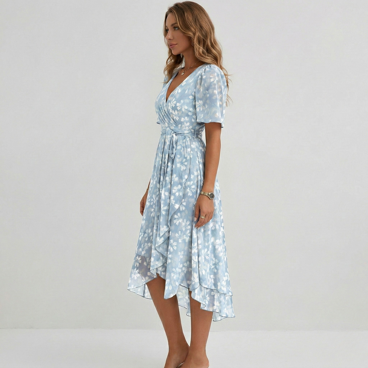 Vestito donna midi floreale scollo a V manica corta abito estivo elegante