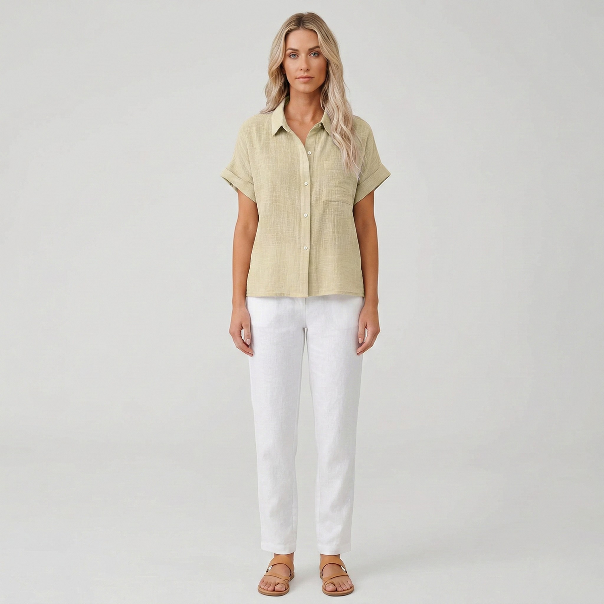 Camicia Donna Lino Manica Corta Camicetta Estiva con Bottoni