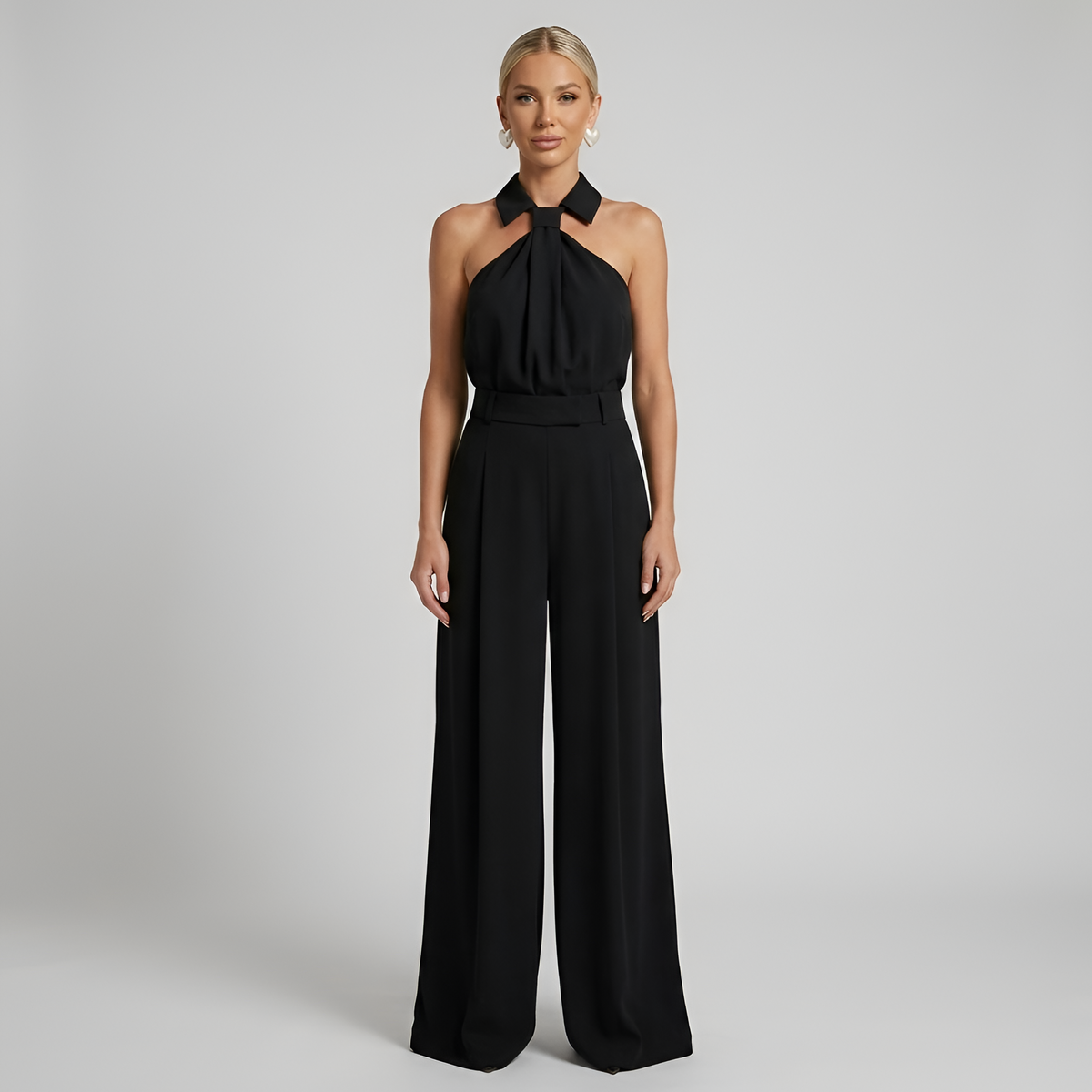 Tuta Elegante Donna con Pantaloni Palazzo e Top Halter Collo Alto