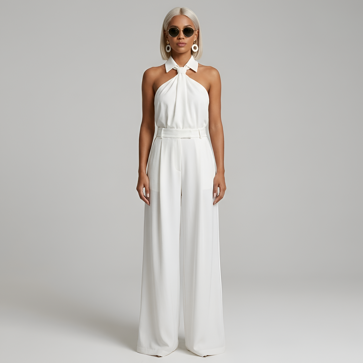Tuta Elegante Donna con Pantaloni Palazzo e Top Halter Collo Alto