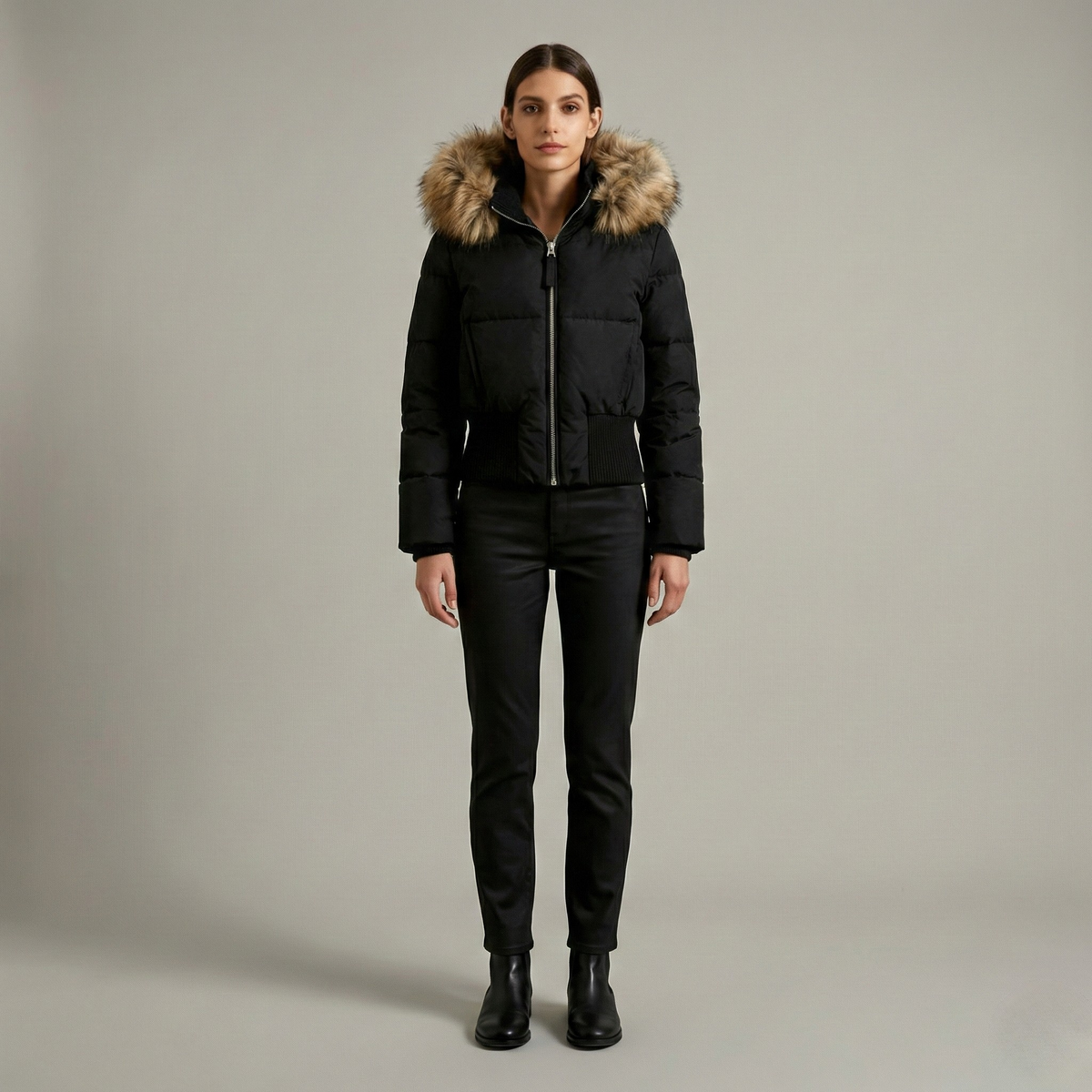 Piumino donna corto con cappuccio e bordo in ecopelliccia imbottito invernale