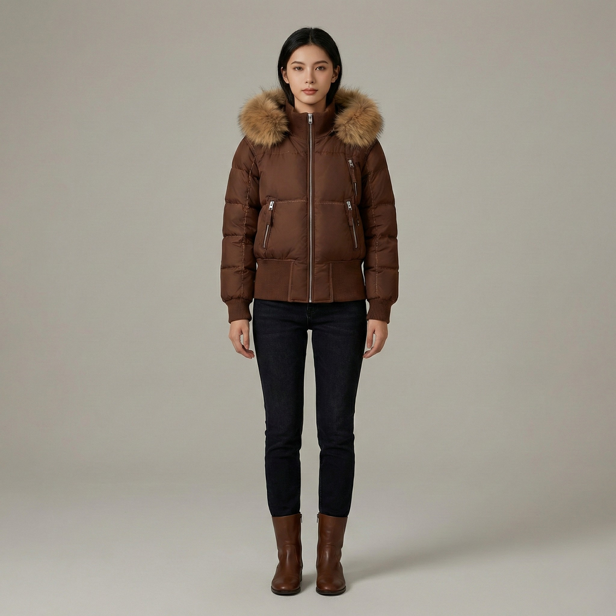 Piumino donna corto con cappuccio e bordo in ecopelliccia imbottito invernale