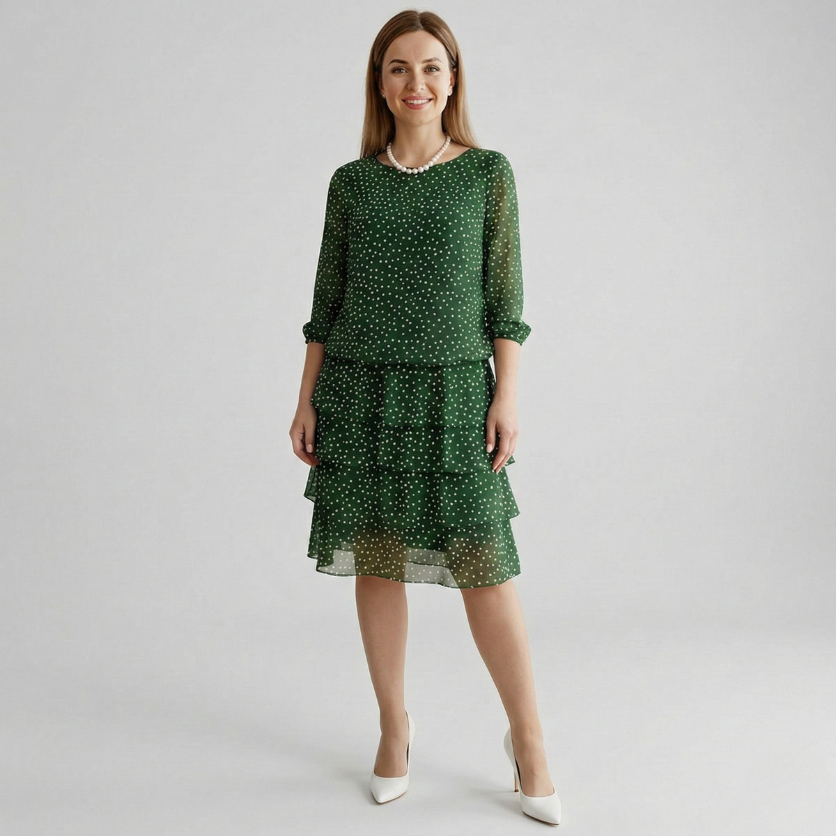 Vestito donna midi a pois con maniche 3/4 e gonna a balze elegante