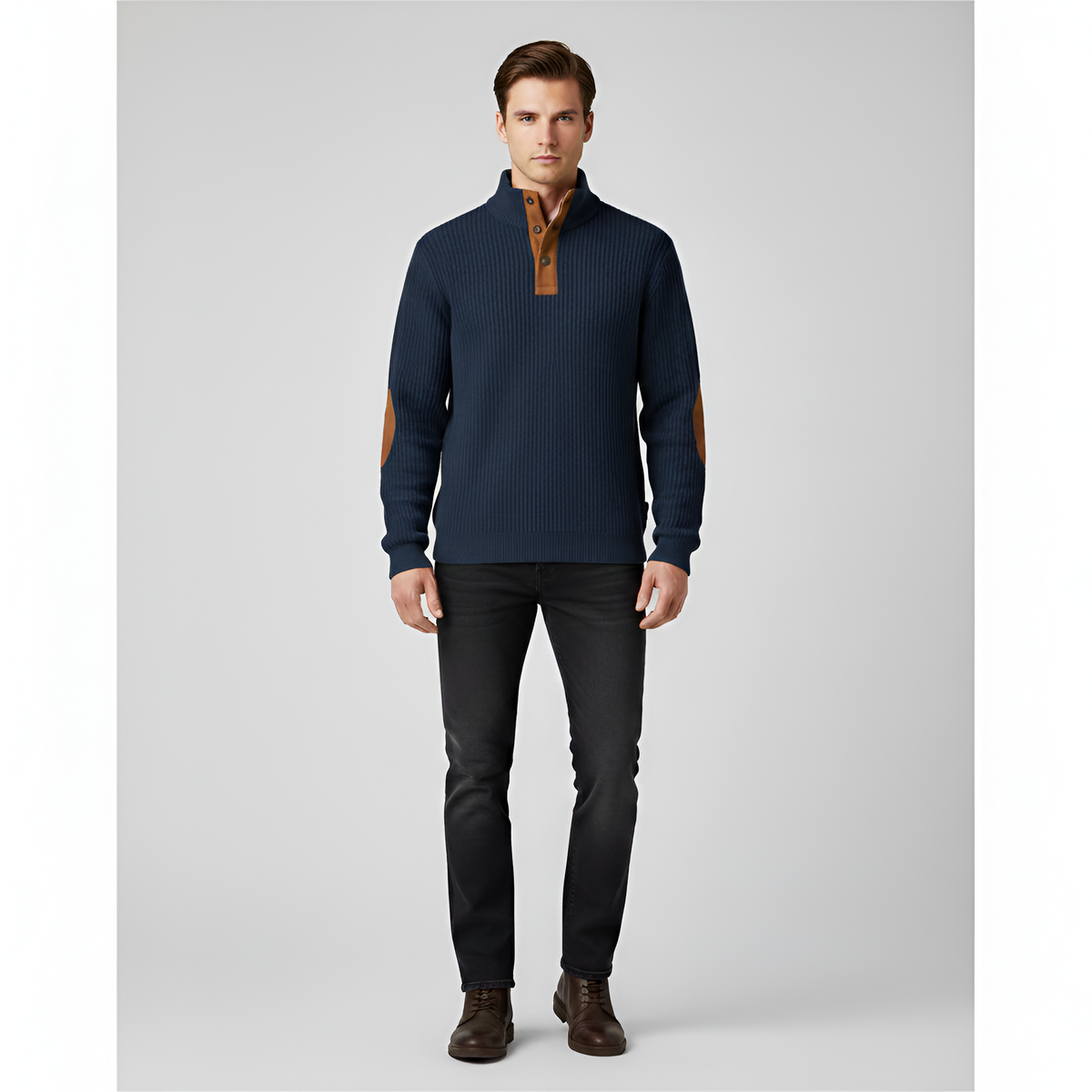 Valerios Fashion maglione dolcevita uomo a coste con toppe ai gomiti