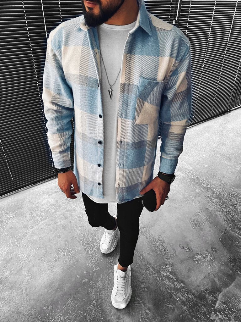 Kariertes Hemd - Hellblau - Button-Up - Überhemd - Herrenhemd-Chaps Herrenmode