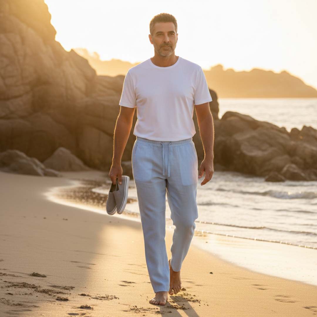 Pantaloni in lino da uomo con vita elastica e gamba dritta