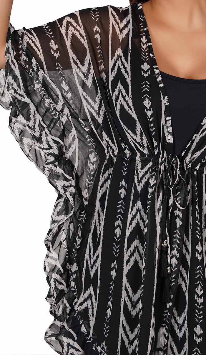 Kaftan Copricostume da Spiaggia con Stampa Astratta Nera