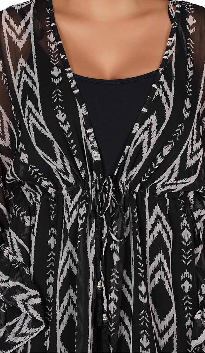 Kaftan Copricostume da Spiaggia con Stampa Astratta Nera