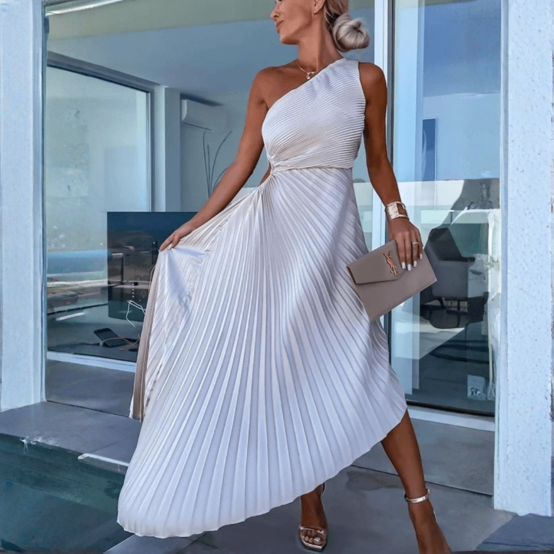 Vestito Midi da Invitata a Nozze Asimmetrico Monospalla Plissettato