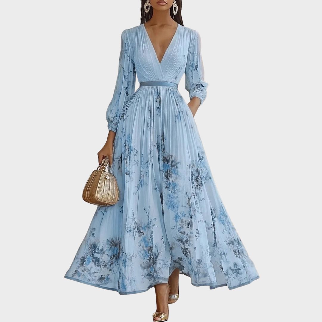 Abito Maxi Plissettato da Donna con Maniche Lunghe – Scollo a V Floreale a Linea A