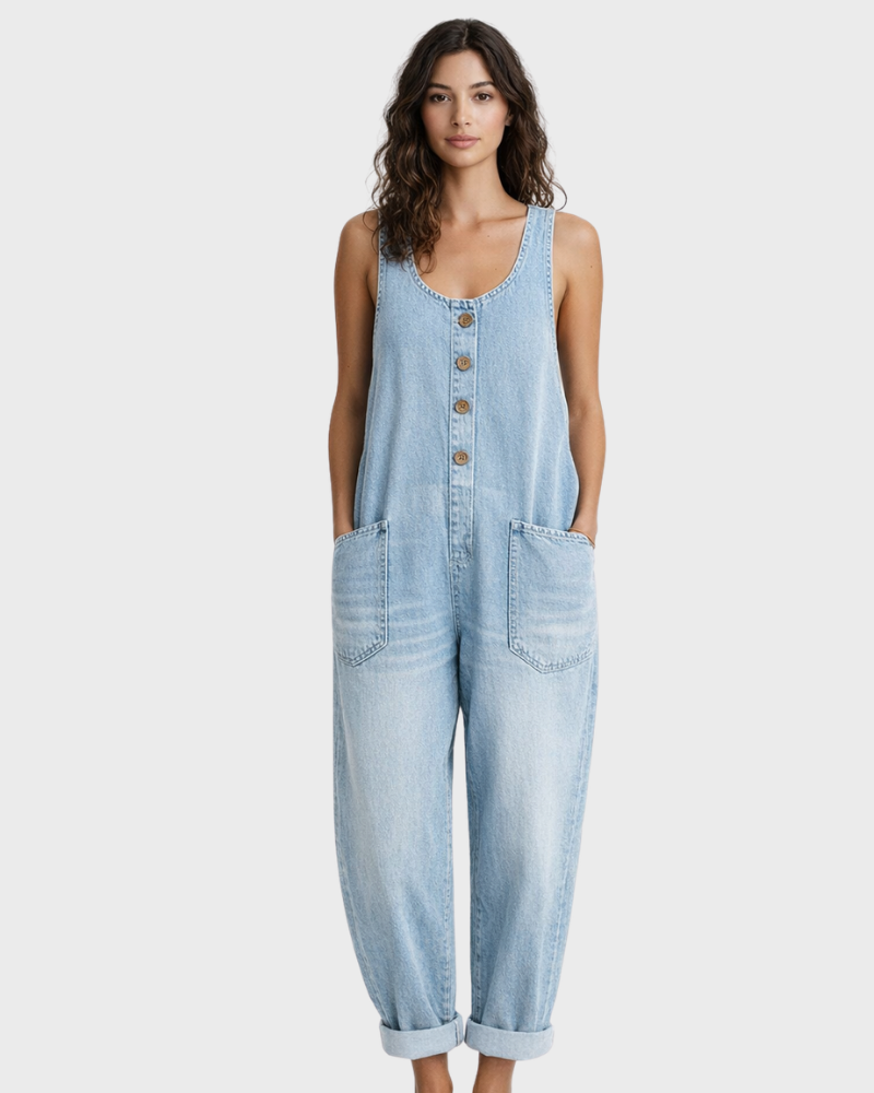 Tuta in Denim di Cotone – Vestibilità Ampia Vintage e Spalline Regolabili