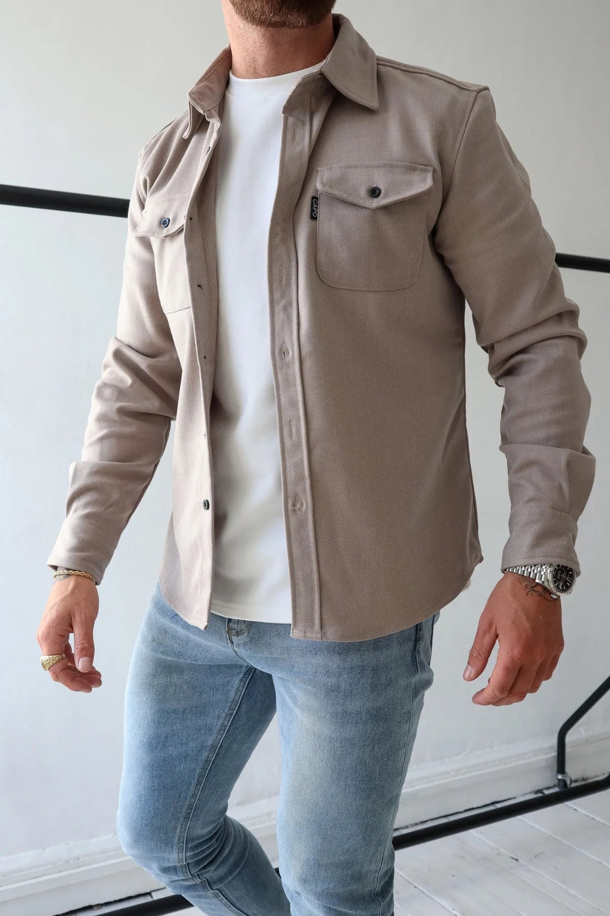 OverShirt - Herren Button-Up Langarm Shirt Jacke mit Brusttaschen-Aprikose-S-Chaps Herrenmode