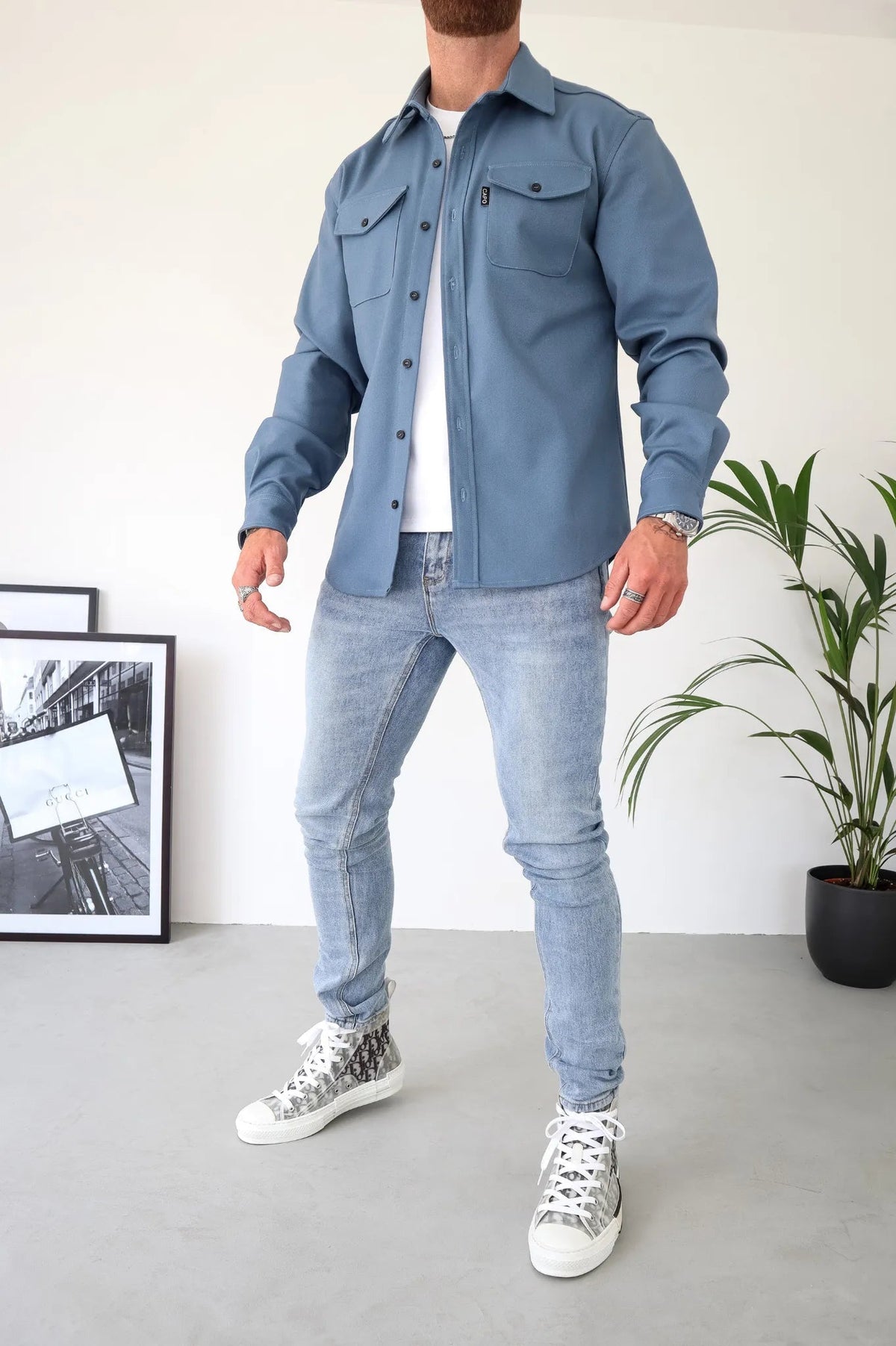 OverShirt - Herren Button-Up Langarm Shirt Jacke mit Brusttaschen-Blau-S-Chaps Herrenmode