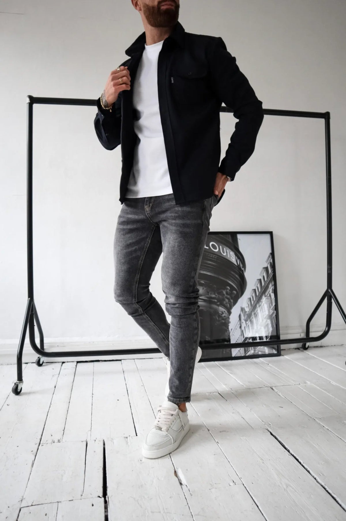 OverShirt - Herren Button-Up Langarm Shirt Jacke mit Brusttaschen-Schwarz-S-Chaps Herrenmode