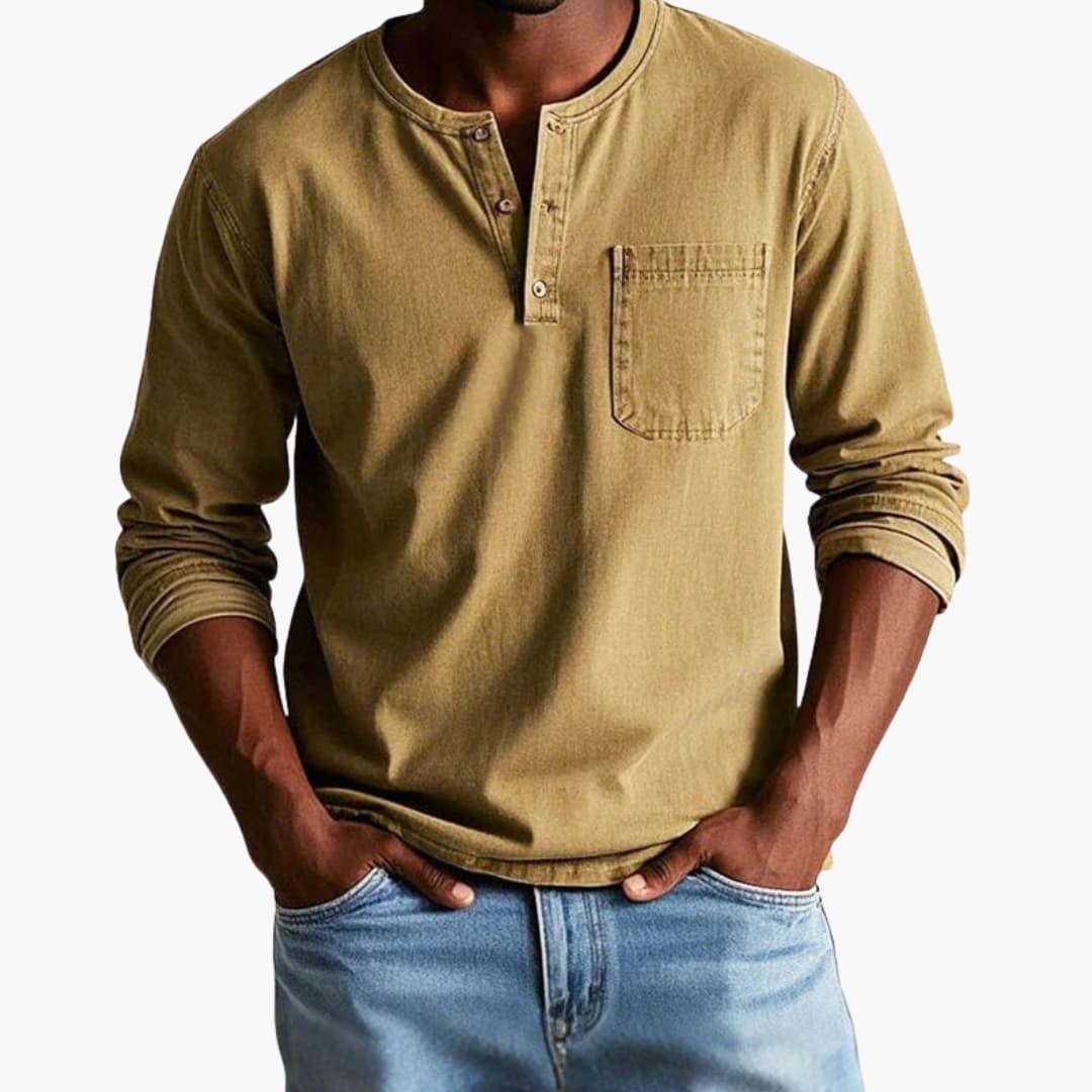 T-shirt da uomo a maniche lunghe con girocollo e taschino