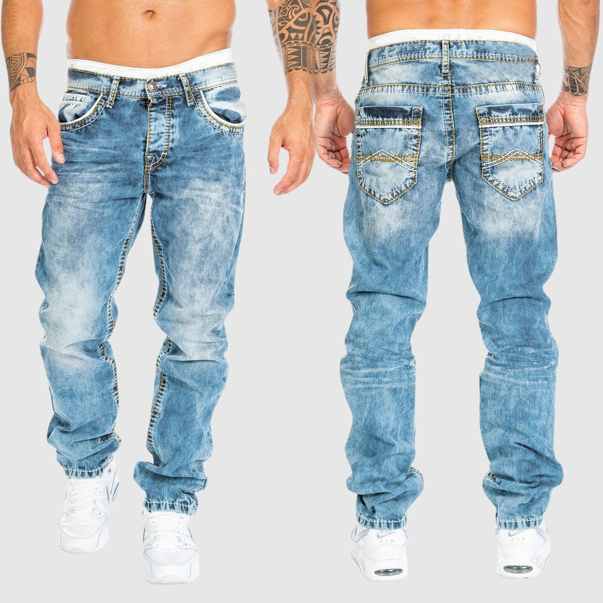 Weit geschnittene Jeans – verwaschen – tief sitzend – Baggy-Jeans – Herrenjeans-Hellblau-S-Chaps Herrenmode