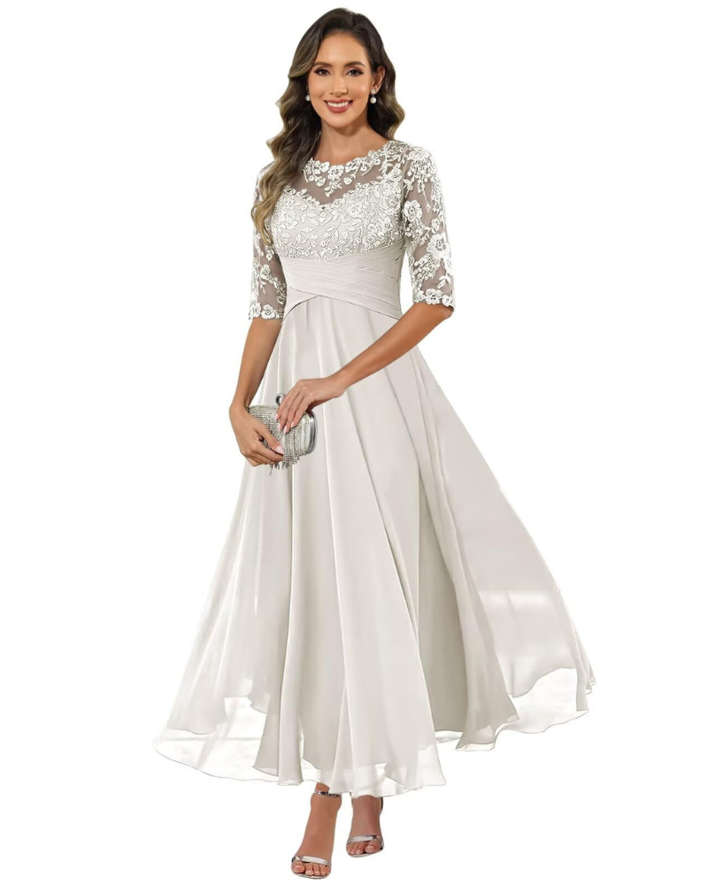 da Sera da Donna – Pizzo e Chiffon, Maniche a 3/4 e Elegante Taglio a Trapezio