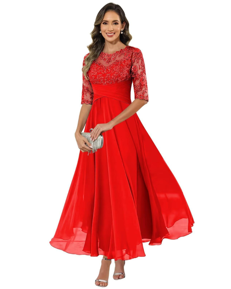 da Sera da Donna – Pizzo e Chiffon, Maniche a 3/4 e Elegante Taglio a Trapezio