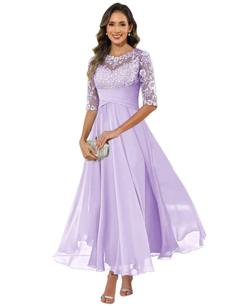 da Sera da Donna – Pizzo e Chiffon, Maniche a 3/4 e Elegante Taglio a Trapezio
