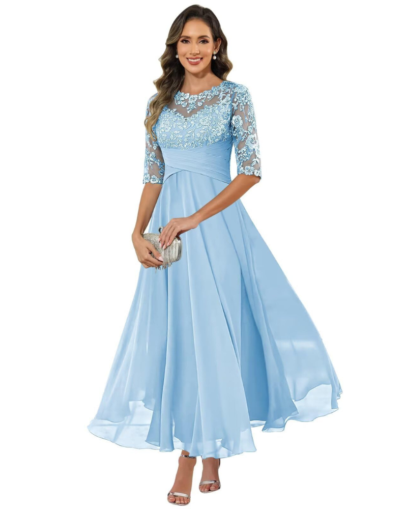 da Sera da Donna – Pizzo e Chiffon, Maniche a 3/4 e Elegante Taglio a Trapezio